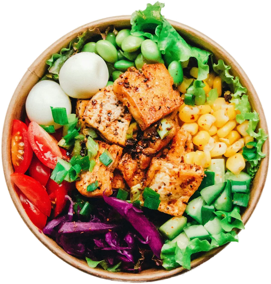 A Saladific bowl of leaves, tofu, sweetcorn, tomato and edamame